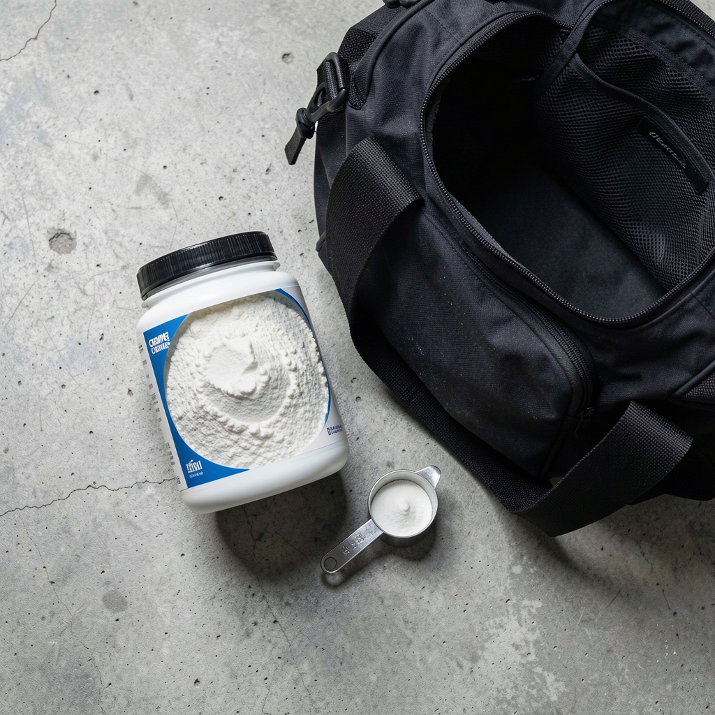 Creatine powder and a measuring scoop beside a gym bag on a concrete floor, editorial flat lay